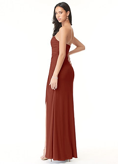 Azazie Darria Vestidos de damas de honor Vestido de Terracota de Chifón elástico de Corte Recto Convertible con Escote Cuadrado Plisado image4