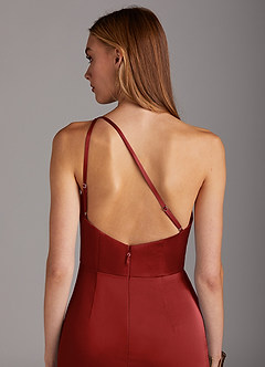 Azazie Mika Final Sale Pomegranate Sheath One Shoulder Stretch Satin Dress image5