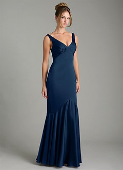 Azazie Alena Bridesmaid Dresses Dark Navy Mermaid Pleated Stretch Satin Dress image4