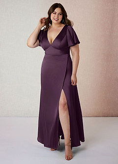 Azazie Lani Bridesmaid Dresses Plum A-Line Flounce Sleeve Stretch Satin Dress image7