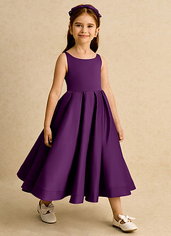 Azazie Babs Flower Girl Dresses Grape Ball-Gown Pleated Matte Satin Dress image4