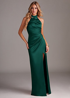 Azazie Jemma Robes de demoiselle d'honneur Robe Fourreau en Satin extensible Plissée émeraude image3