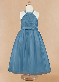 Azazie Honey Venta Final Vestido de Azul Acero de Satin Mate de Corte en A con Perla image7