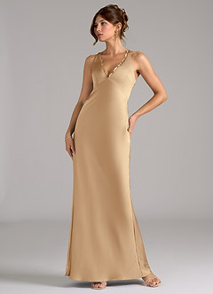 Azazie Tianna Bridesmaid Dresses Champagne A-Line Stretch Satin Dress image1