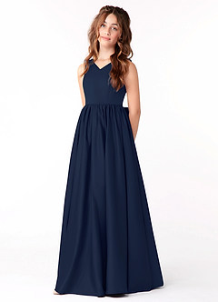 Azazie Hathaway Junior Robe Trapèze en Mat Satiné Arc Bleu Marine Foncé image3