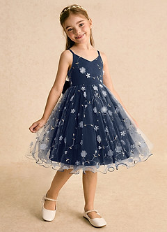 Azazie Junebug Flower Girl Dresses Dark Navy Ball-Gown Spaghetti Strap Tulle Dress image2