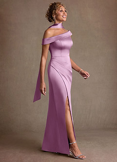 Azazie Kamala 신부의 어머니 드레스 쉬스 한쪽 어깨 스트레치 새틴 플로어 길이 드레스 image3