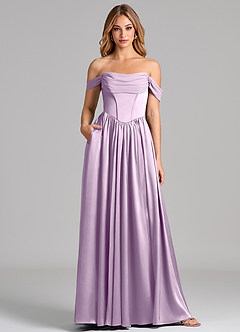 Azazie Raisa Brautjungfernkleider A-Linie Schulterfrei Stretch-Satin Kleid Frostiges Flieder image1