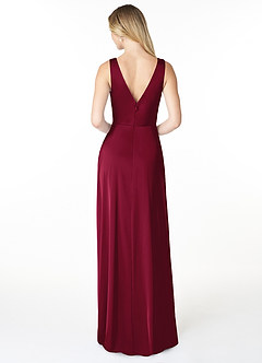 Azazie Nelly Bridesmaid Dresses Burgundy A-Line V-Neck Pleated Stretch Satin Dress image2