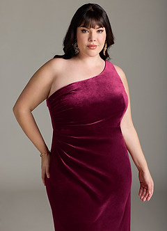 Azazie Argan Bridesmaid Dresses Cabernet Mermaid One Shoulder Pleated Velvet Dress image12