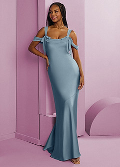 Barbie ♥ Azazie Bridesmaid Dresses Dusty Blue Sheath Pleated Stretch Satin Dress image10