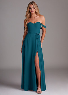 Azazie Aaron Bridesmaid Dresses Ink Blue A-Line Off the Shoulder Chiffon Convertible Dress image1