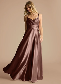Azazie Oliana Bridesmaid Dresses Espresso A-Line Pleated Metallic Satin Dress image2