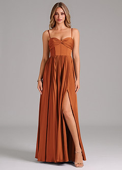 Azazie Tyla Bridesmaid Dresses Cinnamon A-Line Sweetheart Neckline Stretch Satin Dress image1