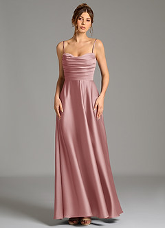 Azazie Ayla Vestidos de damas de honor Vestido de Rosa Polvorienta de Satén Elástico de Corte en A con Corsé image5