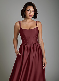 Azazie Mona Bridesmaid Dresses Cabernet A-Line Corset Stretch Satin Dress image3