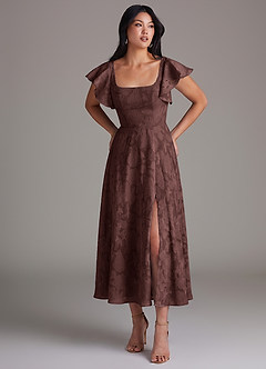 Azazie Bondi Bridesmaid Dresses Espresso A-Line Ruched Floral Burnout Dress image1