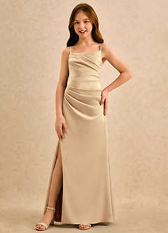 Azazie Cannoli Girls Formal Rochii de fetiță cu flori Linie A Plisată Satin elastic Lungime până la podea Rochie image3