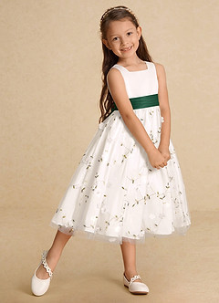 Azazie Pollie Flower Girl Dresses Ivory Dark Green A-Line Bow Tulle Dress image9