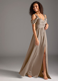 Azazie Lianne Brautjungfernkleider A-Linie Schulterfrei Stretch-Satin Kleid Taupe image5