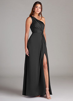 Azazie Brooke At-home Try On Dresses Black A-Line One Shoulder Stretch Satin Dress image4