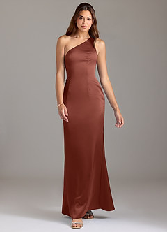 Azazie Arleth Bridesmaid Dresses Auburn A-Line One Shoulder Stretch Satin Dress image3