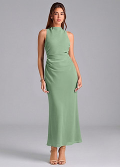 Azazie Evadne Bridesmaid Dresses Matcha Sheath Pleated Chiffon Dress image3