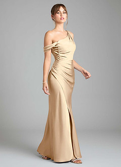 Azazie Madelyn Robes de demoiselle d'honneur Robe Sirène Convertible en Satin extensible Une épaule Champagne image12