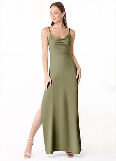 Azazie Alaija Robes de demoiselle d'honneur Robe Sirène en Satin extensible Fente Latérale Pistache image2