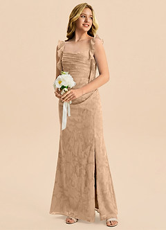 Azazie Jessamine Junior Vestido Champán de Devoré floral de Corte Sirena con Escote corazón image4