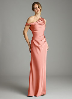 Azazie Emerson Bridesmaid Dresses Coral Mermaid Off the Shoulder Stretch Satin Dress image5