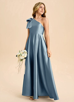 Azazie Penguin Junior Dusty Blue A-Line Bow Stretch Satin Dress image6