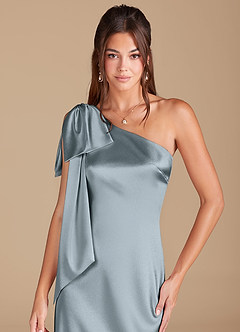 Azazie Capri Jurken voor bruidsmeisjes Jurk van Metaalachtig Satijn met Kolom One-Shoulder Stoffig Blauw image5