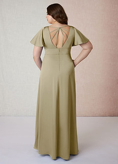 Azazie Lani Bridesmaid Dresses Moss Green A-Line Flounce Sleeve Stretch Satin Dress image8