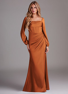 Azazie Charissa Bridesmaid Dresses Cinnamon Sheath Long Sleeve Stretch Satin Dress image3