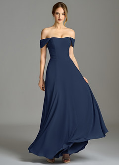 Azazie Oasis Vente finale Robe Trapèze en Mousseline de soie avec poches Bleu Marine Foncé image4