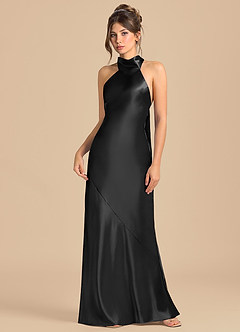 Azazie Velli 신부 들러리 드레스 쉬스 하이넥 메탈릭 새틴 바닥 길이 드레스 image3