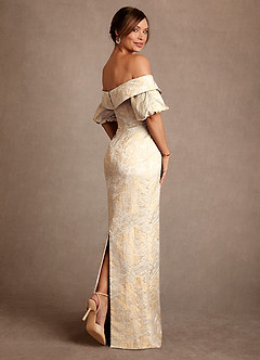 Azazie Golda Final Sale Vintage Champagne Sheath Off the Shoulder Jacquard Dress image2