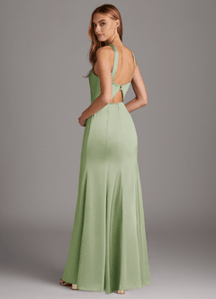 Azazie Elana Vestidos de damas de honor Vestido de Salvia Polvorienta de Satén Elástico de Corte Recto con Corte Lateral image2