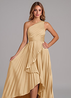 Azazie Lyrica 신부 들러리 드레스 A라인 한쪽 어깨 스트레치 새틴 비대칭 드레스 image4