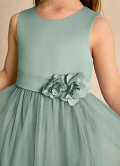 Azazie Miracle Flower Girl Dresses Silver Sage A-Line Bow Matte Satin Dress image6