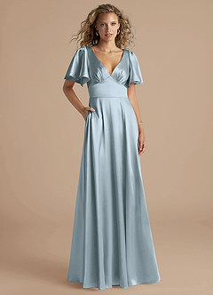 Azazie Kimber Bridesmaid Dresses Dusty Blue A-Line Ruched Metallic Satin Dress image1