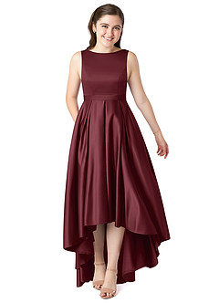 Azazie Inaya Junior Cabernet A-Line with Belt Stretch Satin Dress image1