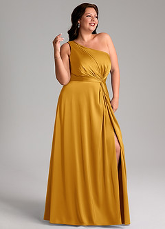 Azazie Brooke Vestidos de damas de honor Vestido de Caramelo de Satén Elástico de Corte en A con Hombro unilateral image11
