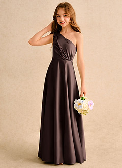 Azazie Puddles Girls Formal Flower Girl Dresses Ganache A-Line One Shoulder Matte Satin Dress image6