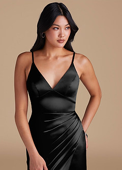 Azazie Shania Bridesmaid Dresses Black Sheath Pleated Metallic Satin Dress image3