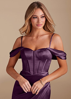 Azazie Asha Bridesmaid Dresses Plum Sheath Off the Shoulder Metallic Satin Dress image2