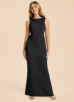 Azazie Emi Junior Vestido Negro de Satén Elástico de Corte Recto con Lazo image6