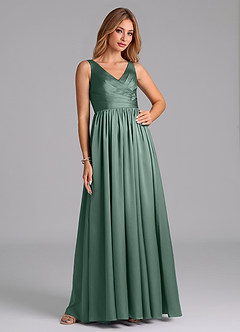 Azazie Keyla Bridesmaid Dresses Eucalyptus A-Line Pleated Stretch Satin Dress image5