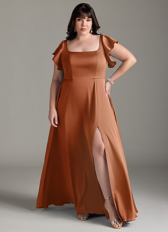 Azazie Bondi Bridesmaid Dresses Copper A-Line Bow Stretch Satin Dress image7